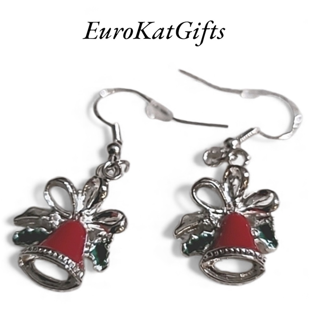 Christmas Bell Holiday Earrings Red Green Enamel on Silver Ear Wires. NEW NWT